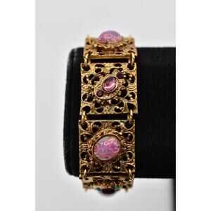 Vintage Filigree Bracelet Opal Glass Cabochons Purple Antiqued Gold 1980s BinBR